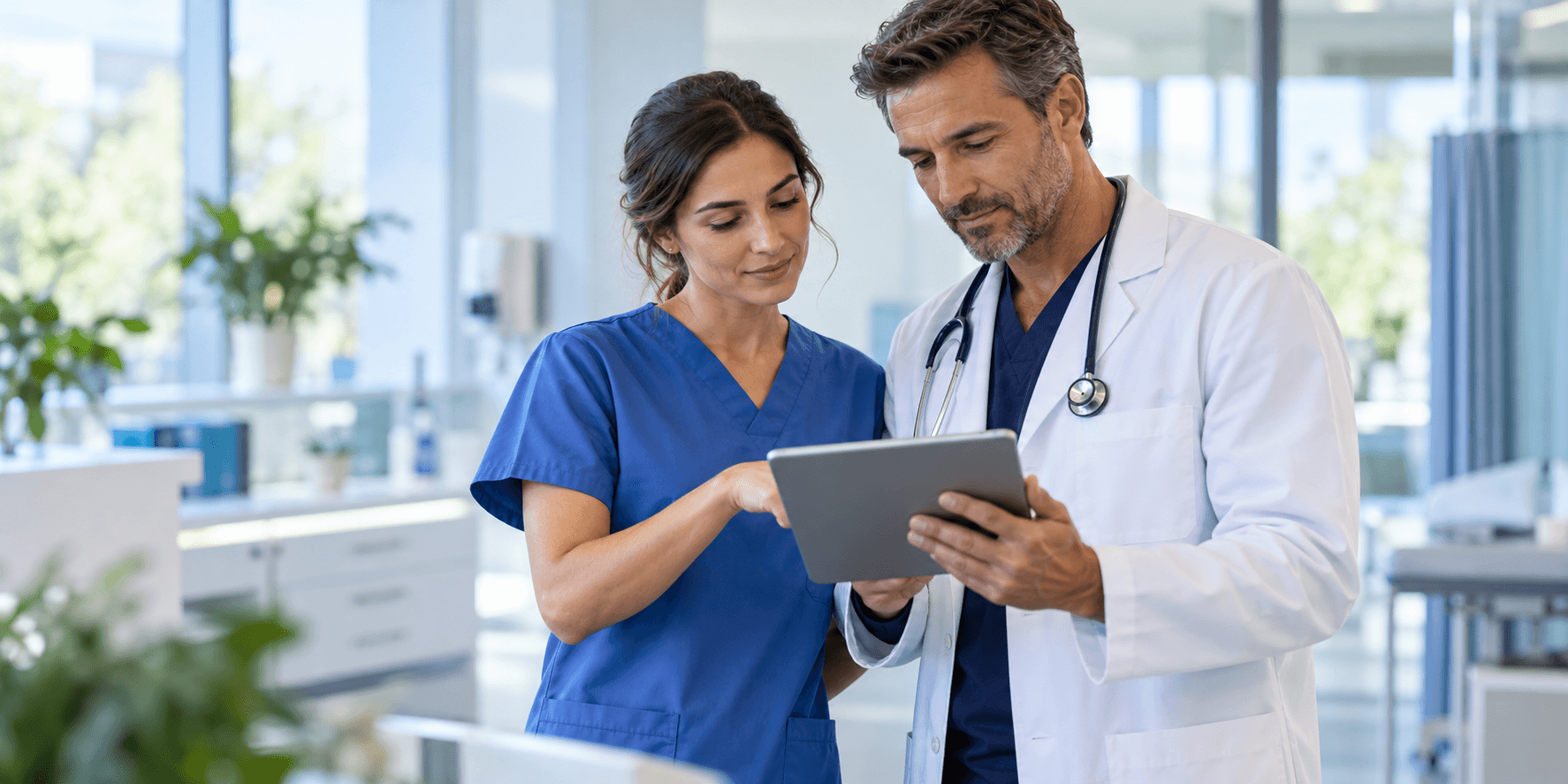 Healthcare professionals reviewing information together in a clinic