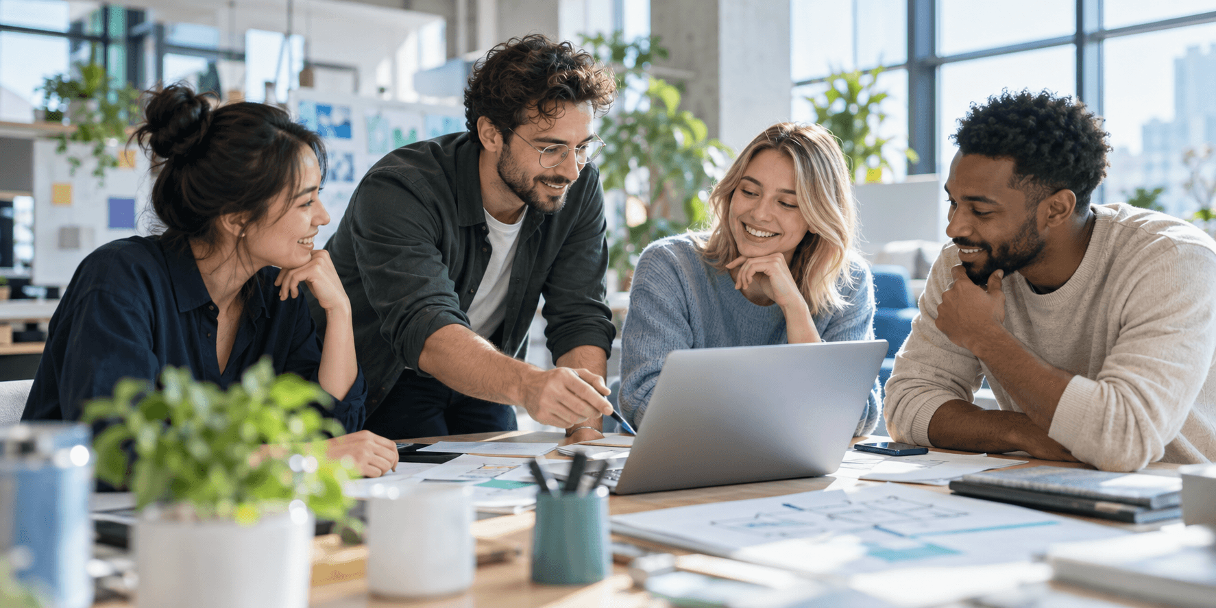 A product team collaborating in a bright workspace